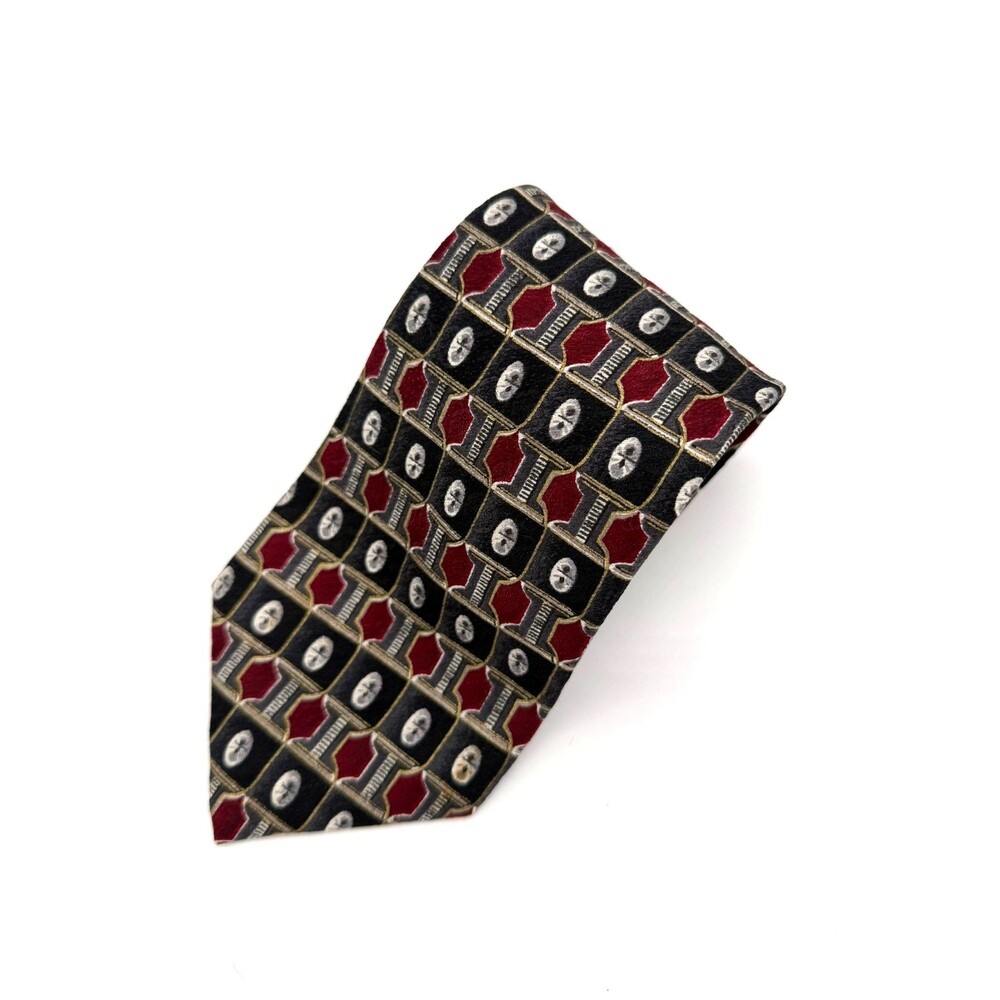 Pierre Cardin Vintage Silk Tie Geometric Abstract Red Black Silver Made in USA